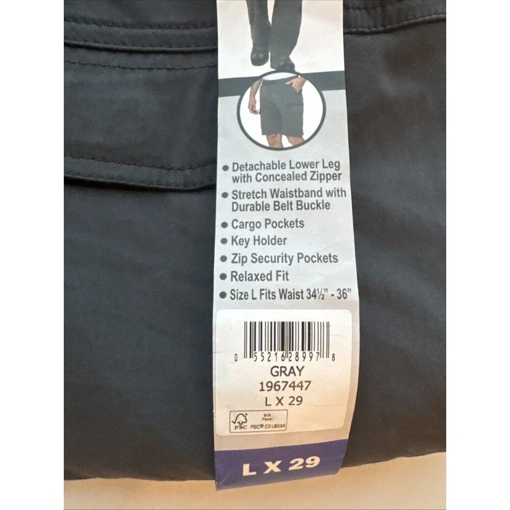 B.C. Clothing Men's Convertible Stretch Cargo Short / Pants, Gray, Size L X29